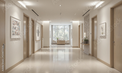 AI-integrated hallway in soft ivory, featuring motion-sensing lights that adjust brightness based on movement and interactive art displays that showcase photo