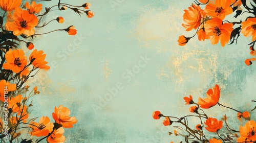 Fototapeta Naklejka Na Ścianę i Meble -  Orange Blossom Frame: A delicate watercolor painting of orange cosmos flowers creates a charming frame on a teal background, perfect for adding a touch of natural elegance to your designs.
