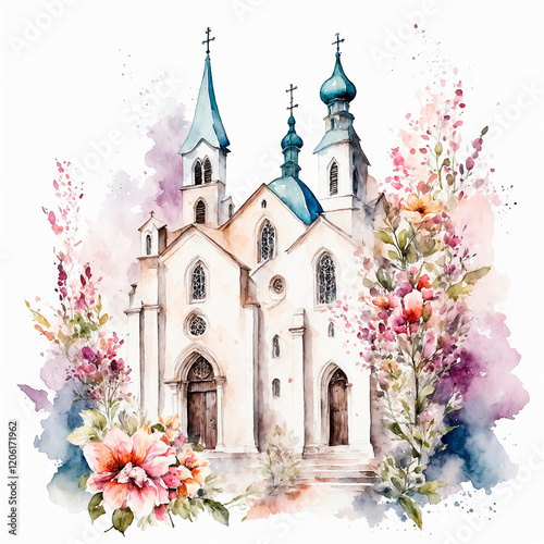 Watercolor illustration of a church decorated with spring flowers