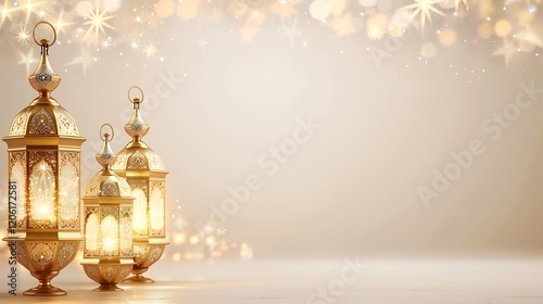 Festive golden lanterns glowing, sparkling background, Ramadan greeting