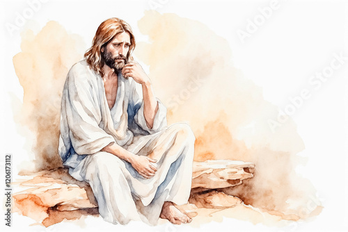 Watercolor illustration of a sad Jesus Christ sitting on a stone