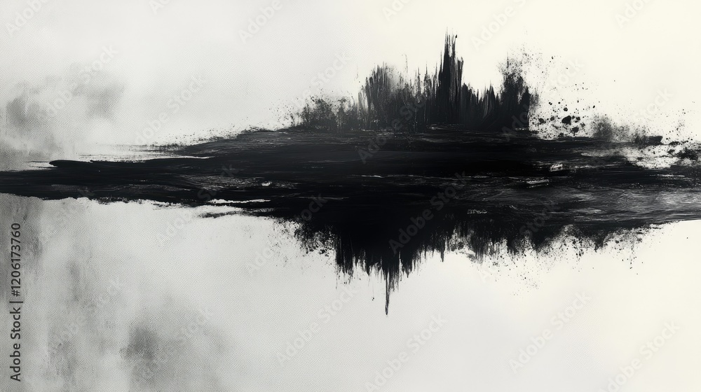 Fototapeta premium Abstract monochrome artwork featuring a dark, textured landscape reflected on a light background.