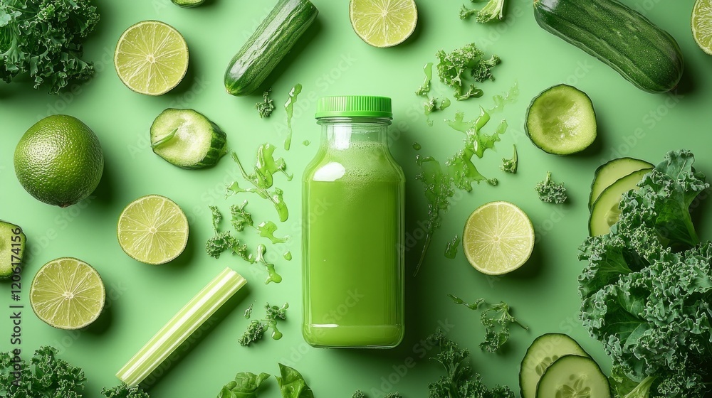Fresh green juice surrounded by vegetables and fruits on a vibrant green background Fresh green juice surrounded by vegetables and fruits on a vibrant green background