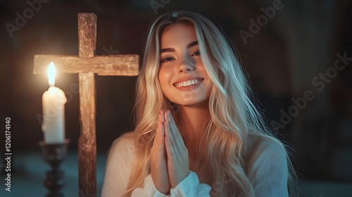Young woman praying in church with wooden cross and candlelight