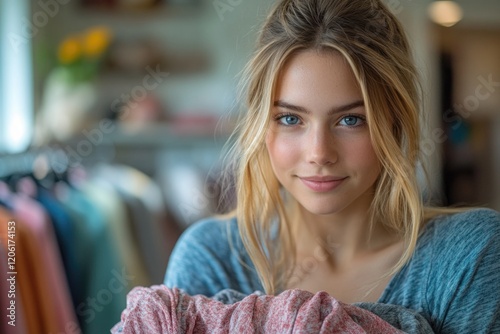 A young woman holds a pink towel in her hands #1206174153