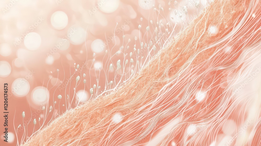 Fototapeta premium Microscopic view of delicate, peach-toned filaments and spores, resembling skin texture with soft bokeh background.