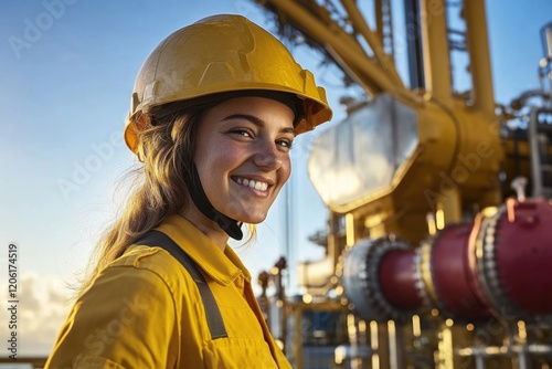 Wallpaper Mural A woman wearing a hard hat stands in front of an oil well, ready to work Torontodigital.ca