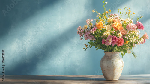 Wallpaper Mural Blooming bouquet in ceramic pot by teal wall. Torontodigital.ca