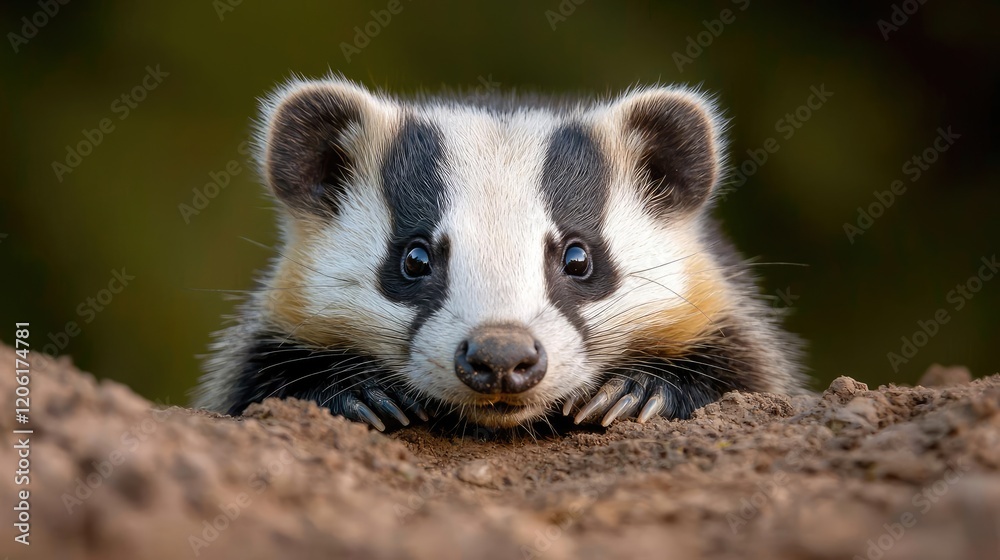 Cute badger cub peering from burrow, forest background, wildlife photography Cute badger cub peering from burrow, forest background, wildlife photography