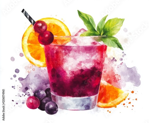 Old Fashioned in a rocks glass, accompanied by a Luxardo Cherry watercolor illustration set on a white background photo