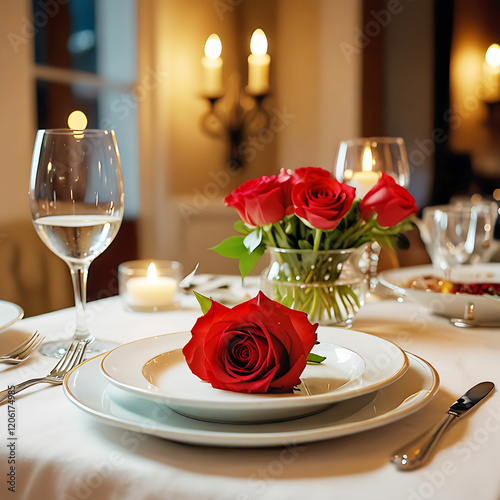Valentines day dinner with table place setting with Couple enjoying their moments.