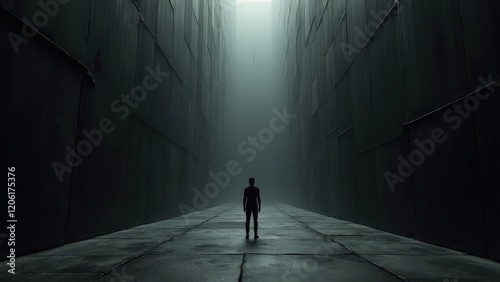 A figure standing in the center of an infinite black space, surrounded by closing walls, evoking a feeling of overwhelming isolation and confinement.