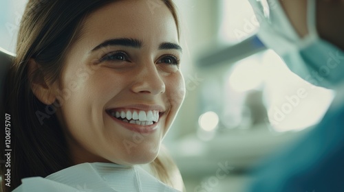 A woman smiles as she sits in a dentist's chair, ready for her appointment