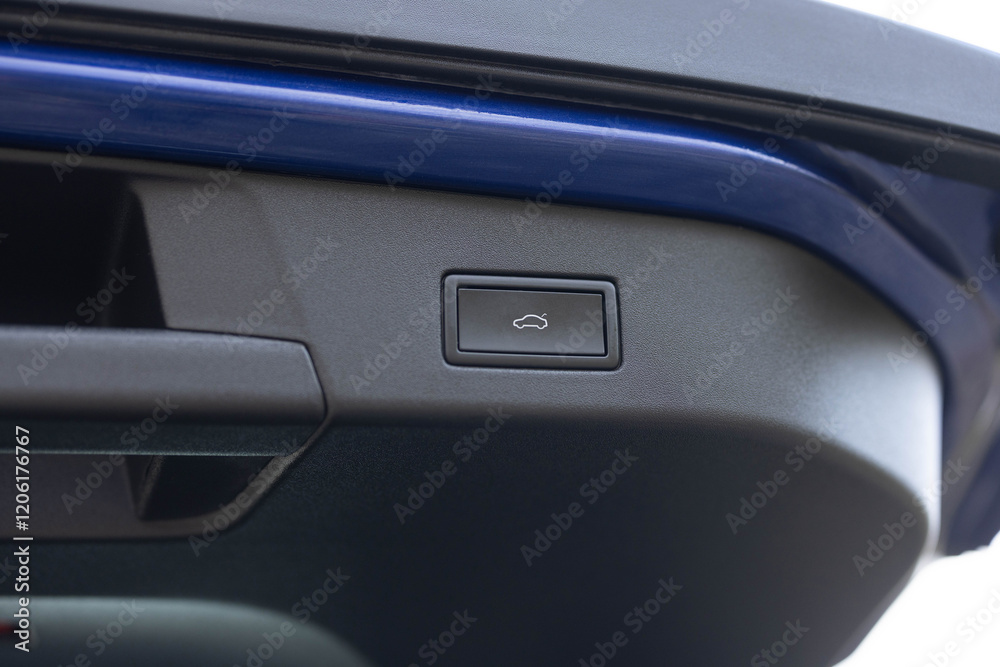 Car trunk lid open button for locking or unlocking. Automatically opening and closing the trunk. Button for automatic electric opening and closing of trunk door of new passenger car Car trunk lid open button for locking or unlocking. Automatically opening and closing the trunk. Button for automatic electric opening and closing of trunk door of new passenger car
