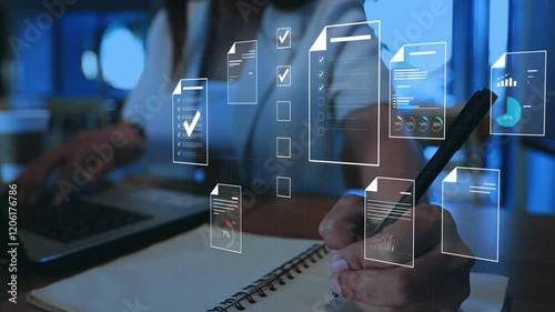 Document management concept, Businesswomen check electronic documents on digital documents on virtual screen Document Management System and process automation to efficiently document paperless operate