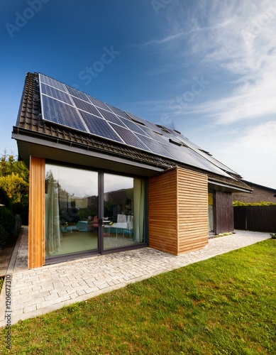 modern house with solar panels on the roof