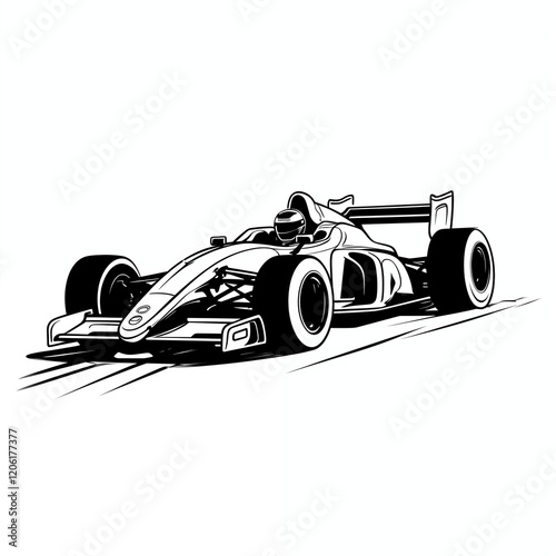 Sports racing car with driver, isolated on a white background, icon, simple black and white sketch, picture, image for printing on a T-shirt, background