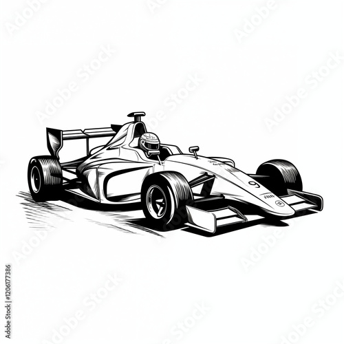 Sports racing car with driver, isolated on a white background, icon, simple black and white sketch, black, picture, image for printing on a T-shirt, background