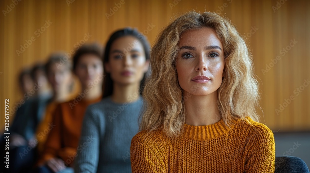 A woman sits among other women, possibly discussing or sharing ideas