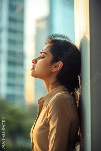 A woman relaxing against a wall with her eyes shut, possibly meditating or tired Free Download A woman relaxing against a wall with her eyes shut, possibly meditating or tired - GFXLoad