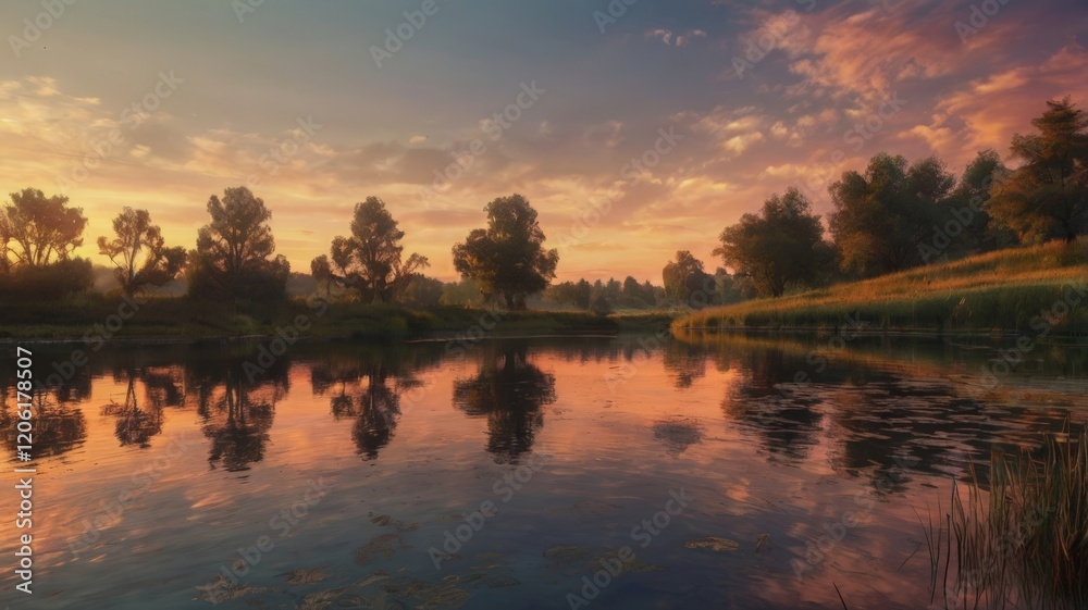 Obraz premium Beautiful sunset over the lake with reflection in water. Colorful summer landscape.