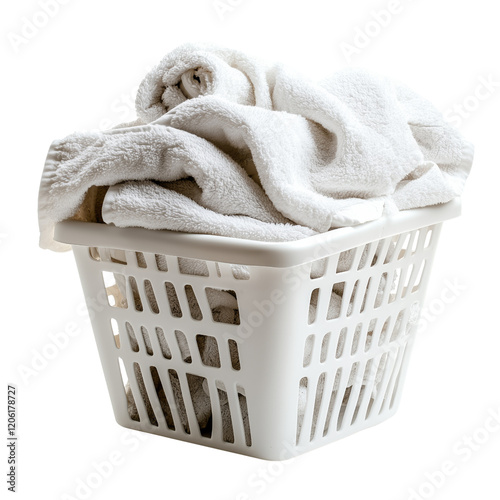Neatly folded towels in a laundry basket on a white or transparent background