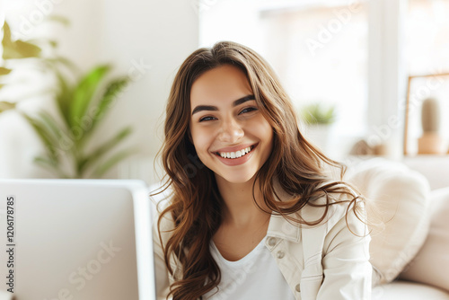 Happy young woman working remotely on a virtual video team meeting call, remote work and flexible culture concept. Inclusive and diverse dei workplace with a blasian african american businesswoman	 photo