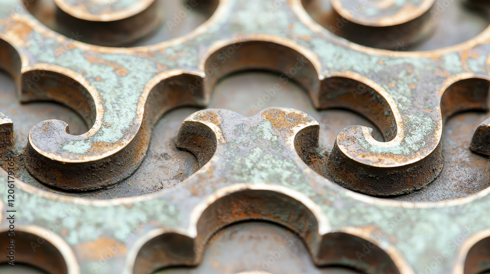 Intricate metal design with weathered patina, showcasing curves and textures Intricate metal design with weathered patina, showcasing curves and textures