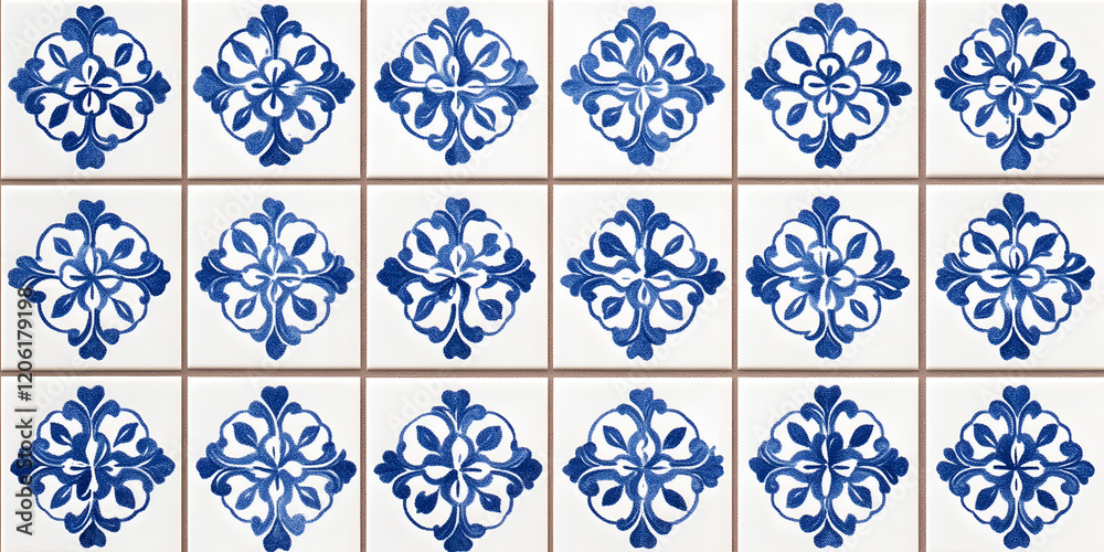 Fototapeta premium Blue and white patterned tiles create a classic and elegant design. Perfect for bathrooms, kitchens, or accent walls.