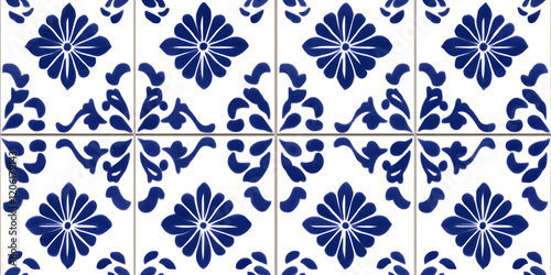 Blue and white floral tile pattern.  Perfect for backgrounds or design projects.  Elegant and classic style.
