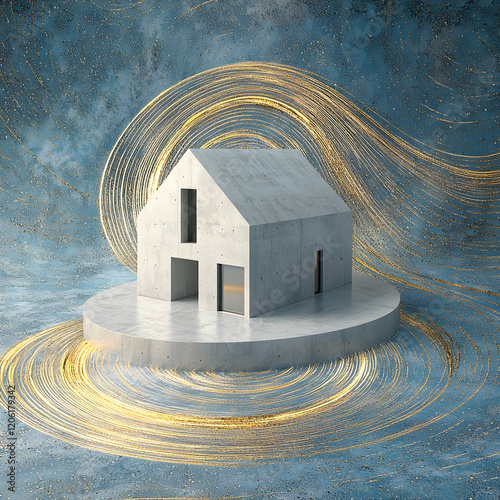 Minimalist concrete house on a swirling blue-and-gold gradient background