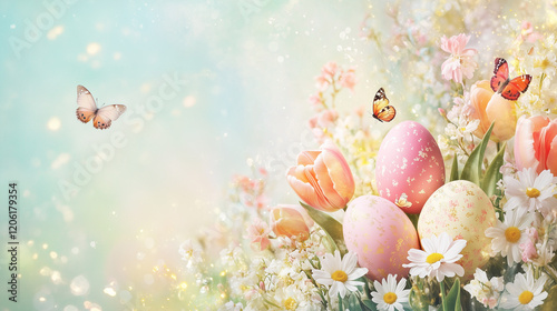 A stunning Easter Day banner, soft pastel background with watercolor textures.