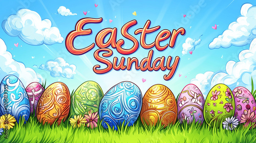A vibrant and cheerful Easter Day banner, colorful Easter eggs with intricate patterns, playful bunny. 