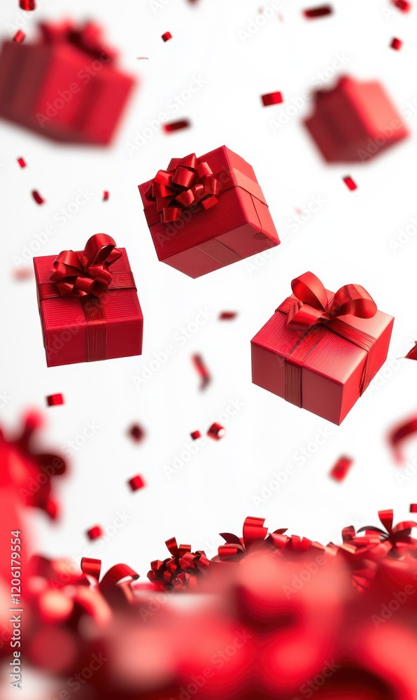 Red Gift Boxes with Floating Ribbons, Festive Celebration Vibes