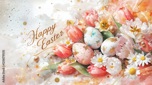 A stunning Easter Day banner design, soft pastel background with watercolor textures. 