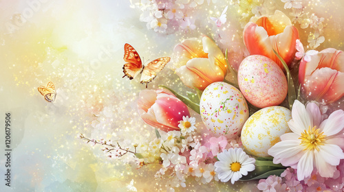 A stunning Easter Day banner, soft pastel background with watercolor textures.