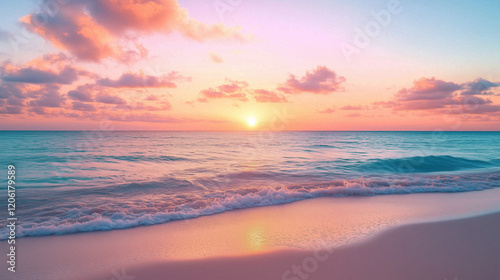 A breathtaking beach sunset, soft pastel sky, wispy clouds, gentle waves, golden sun. 
