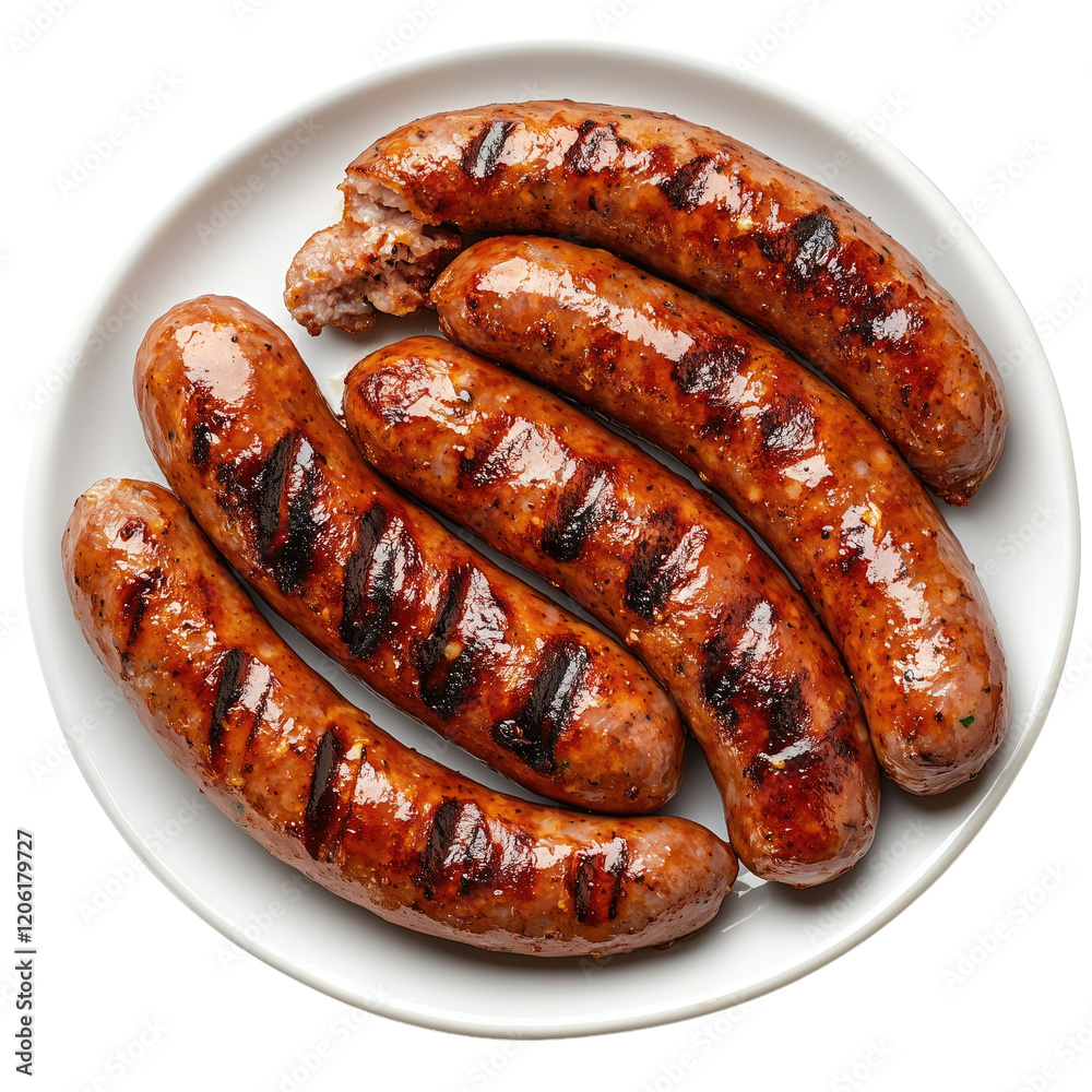 fried sausage on plate top view on white or transparent background fried sausage on plate top view on white or transparent background