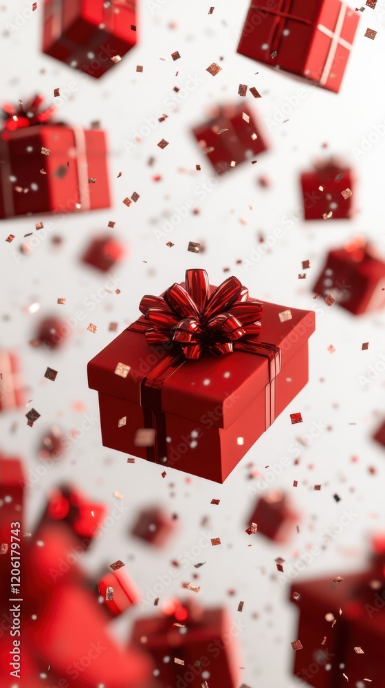 Red Gift Boxes with Floating Ribbons, Festive Celebration Vibes
