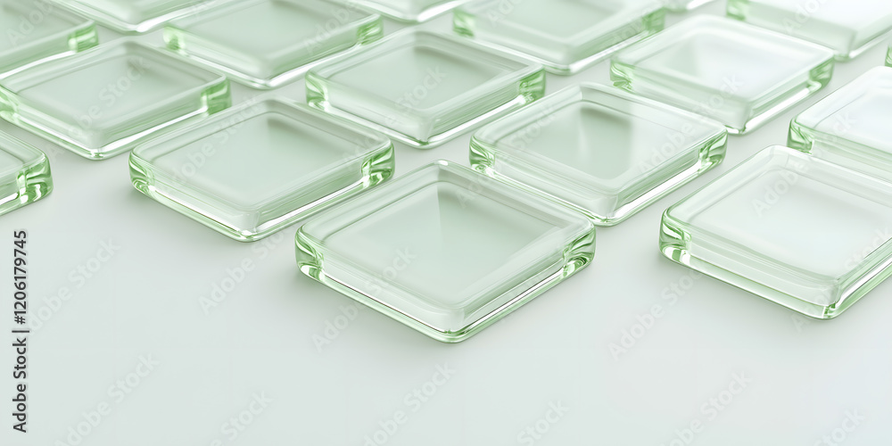 Close-up of translucent square glass tiles arranged in an offset pattern on a light surface. Close-up of translucent square glass tiles arranged in an offset pattern on a light surface.