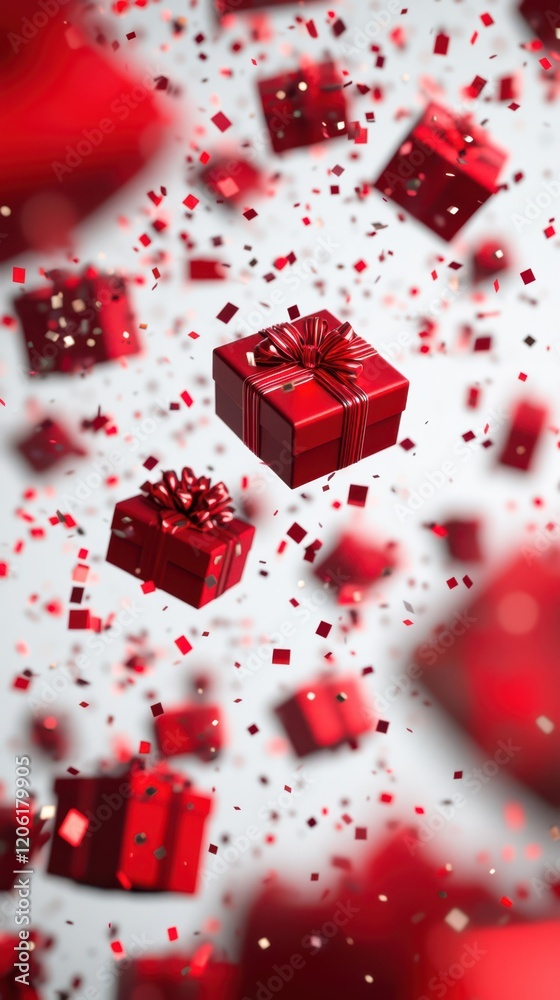 Red Gift Boxes with Floating Ribbons, Festive Celebration Vibes