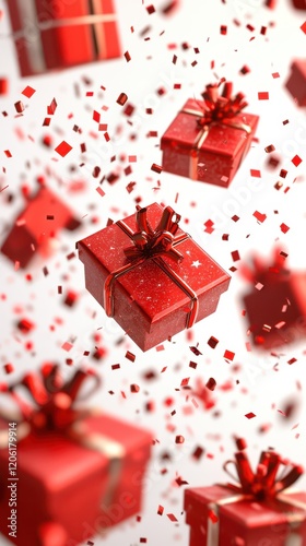 Red Gift Boxes with Floating Ribbons, Festive Celebration Vibes