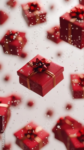 Obraz na płótnie Red Gift Boxes with Floating Ribbons, Festive Celebration Vibes w salonie