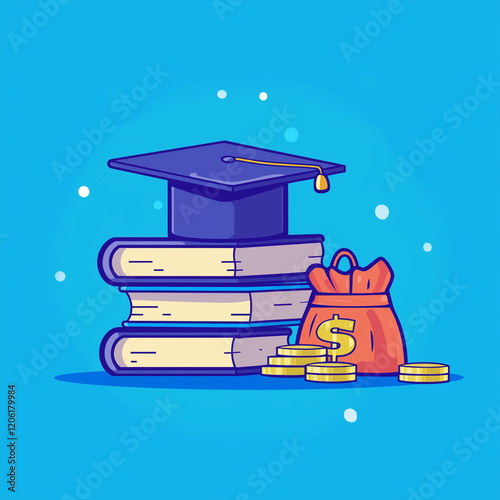 A flat design illustration of a stack of books topped with a graduation cap, sitting beside a pile of gold coins and a dollar bag.