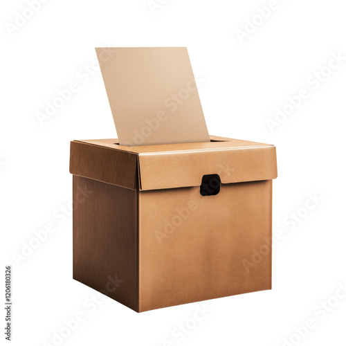 Cardboard ballot box with ballot paper on white or transparent background