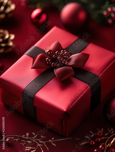Obraz na płótnie Red Gift Boxes with Elegant Ribbons and Festive Decorations w salonie