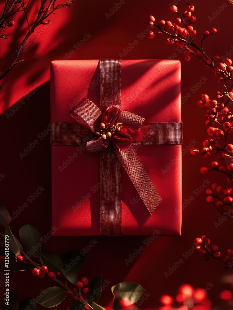 Red Gift Boxes with Elegant Ribbons and Festive Decorations