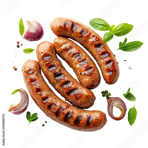 Grilled sausage top view isolated on transparent background.