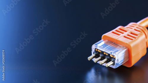 Close up of orange electrical plug with multiple pins on dark background photo