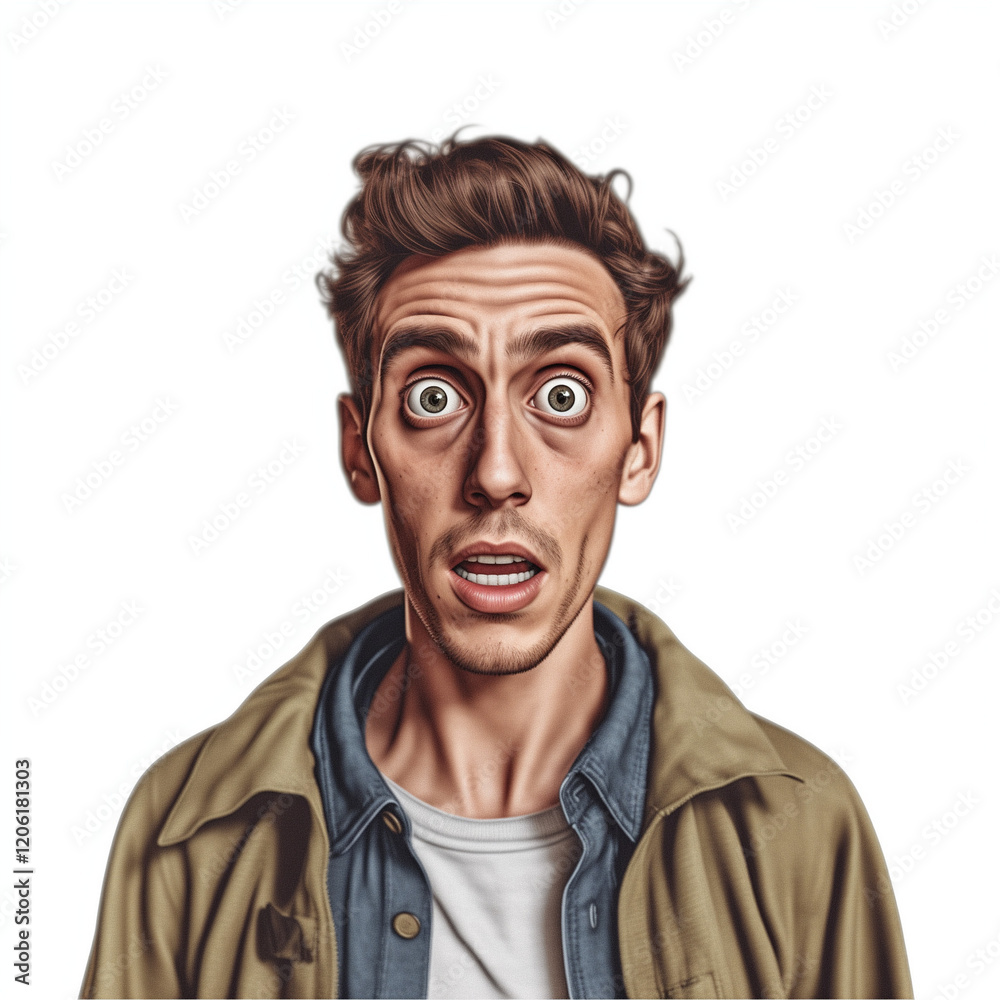 Surprised young man with wide eyes against white background